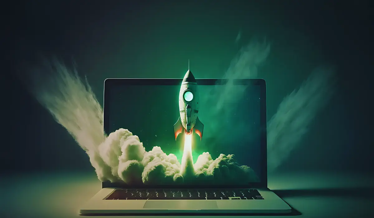 Illustration of a rocket launching from a laptop screen, symbolizing boosting speed and performance, representing upgrading or fixing a slow computer.