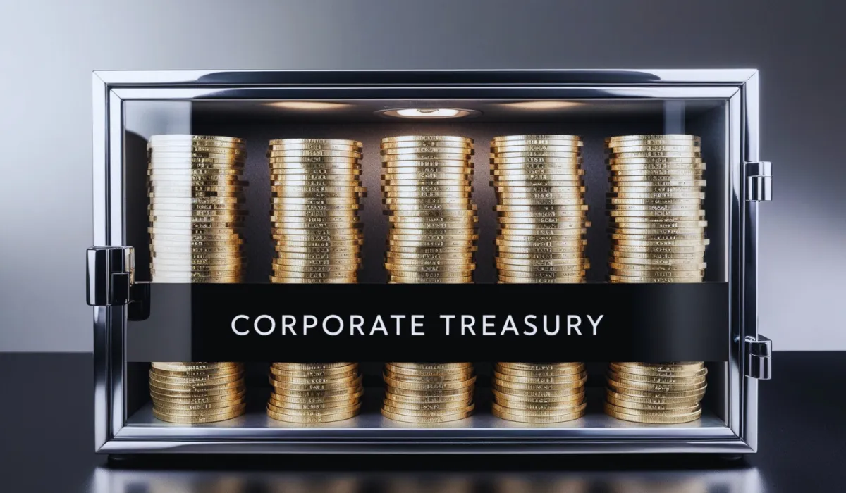 Stacks of Bitcoin in a glass vault labeled โCorporate Treasury